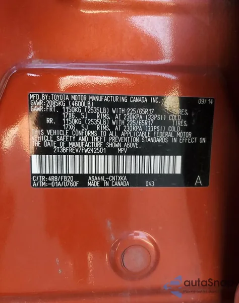 2015 Toyota Rav4 Le from USA, damaged, VIN 2T3BFREV7FW242501